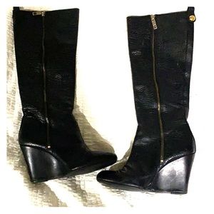 Tory Burch knee high black wedge boots